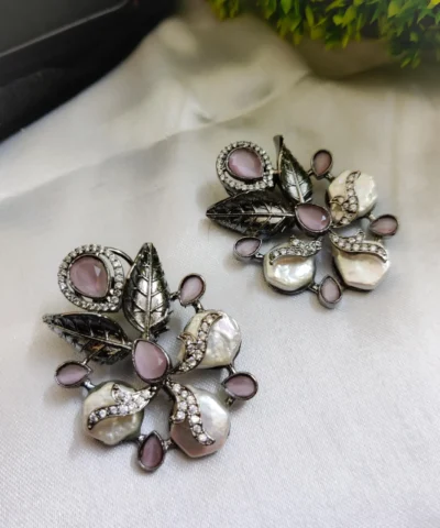 Glamaya Real Pearl Precious Oxidized Earring With American Diamond 1 GLAM-ER-CZ-143-430178-165-10