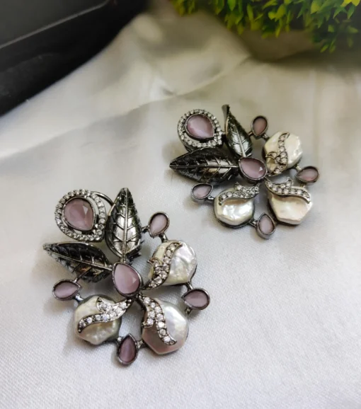 Glamaya Real Pearl Precious Oxidized Earring With American Diamond 1 GLAM-ER-CZ-143-430178-165-10