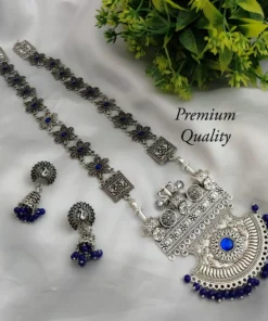 Glamaya Silver Lookalike German Silver Long Necklace Earring Set Blue 1 GLAM-CN-OX-21F4-310776-35-7