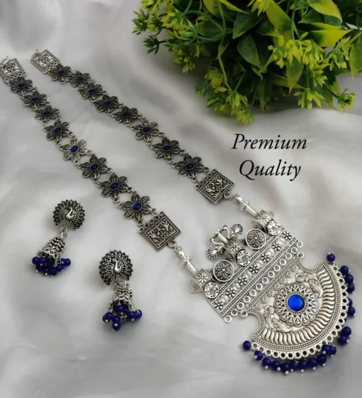 Glamaya Silver Lookalike German Silver Long Necklace Earring Set Blue 1 GLAM-CN-OX-21F4-310776-35-7