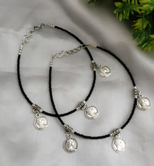 Glamaya Oxidized Black Beads Coin Nazarbattu Anklet 1 GLAM-AN-BE-20-458028-45-3