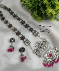 Glamaya Silver Lookalike German Silver Long Necklace Earring Set Pink 1 GLAM-CN-OX-21F4-108636-35-7