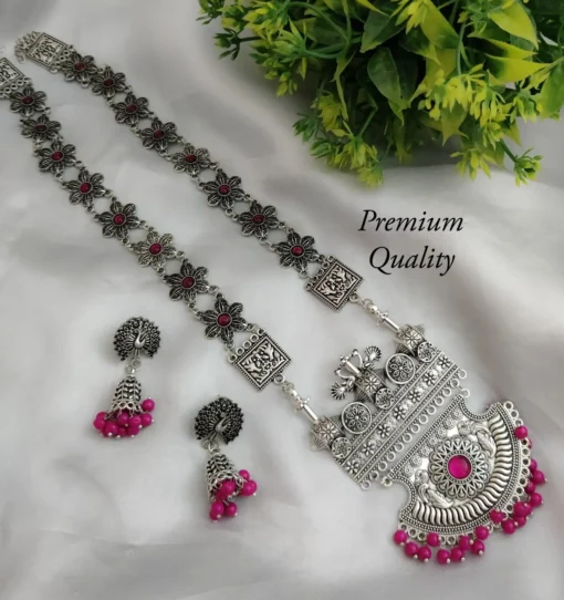 Glamaya Silver Lookalike German Silver Long Necklace Earring Set Pink 1 GLAM-CN-OX-21F4-108636-35-7