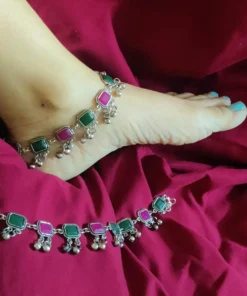 Glamaya Oxidized Pink Green Stone Premium Antique Anklet 4 GLAM-AN-ST-30-447487-49-5
