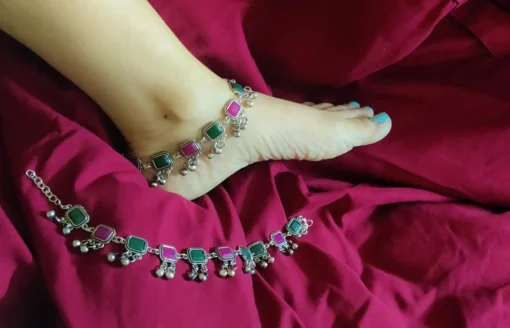 Glamaya Oxidized Pink Green Stone Premium Antique Anklet 4 GLAM-AN-ST-30-447487-49-5 Glamaya Oxidized Pink Green Stone Premium Antique Anklet 4 GLAM-AN-ST-30-447487-49-5
