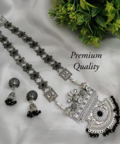 Glamaya Silver Lookalike German Silver Long Necklace Earring Set Black 1 GLAM-CN-OX-21F4-512284-35-7