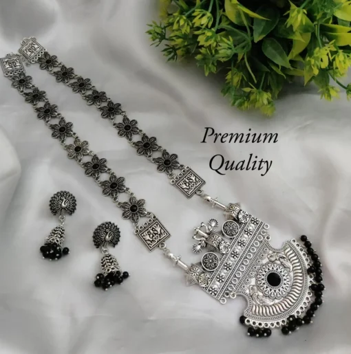 Glamaya Silver Lookalike German Silver Long Necklace Earring Set Black 1 GLAM-CN-OX-21F4-512284-35-7
