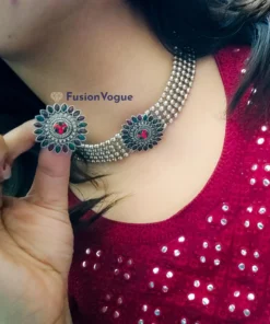 Glamaya Oxidised Red Green Combination Choker Necklace Earring Set 2 GLAM-CN-OX-25-357356-41-4
