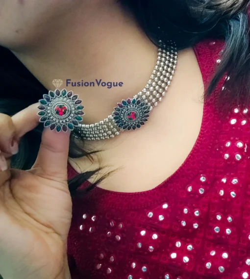 Glamaya Oxidised Red Green Combination Choker Necklace Earring Set 2 GLAM-CN-OX-25-357356-41-4 Glamaya Oxidised Red Green Combination Choker Necklace Earring Set 2 GLAM-CN-OX-25-357356-41-4