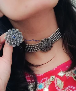 Glamaya Silver Lookalike Brass Oxidized Statement Choker Necklace Earring Set Blue 2 GLAM-CN-BR-110-336236-150-2