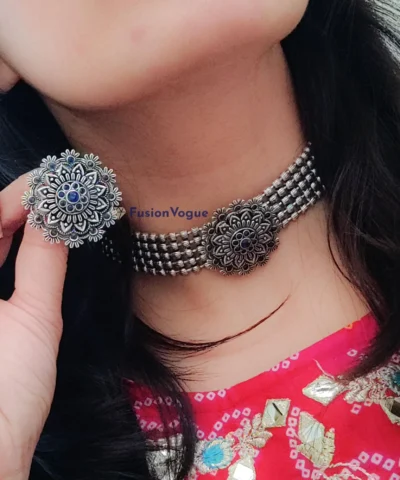 Glamaya Silver Lookalike Brass Oxidized Statement Choker Necklace Earring Set Blue 2 GLAM-CN-BR-110-336236-150-2