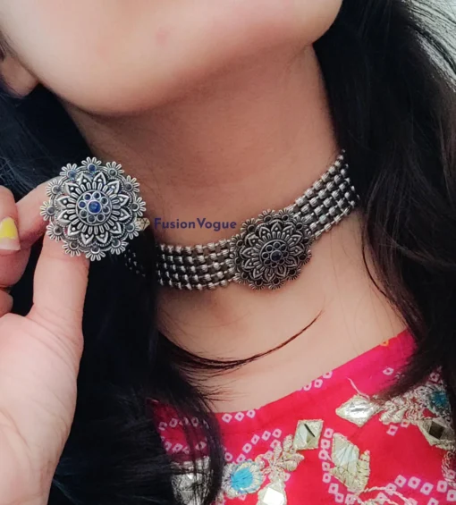 Glamaya Silver Lookalike Brass Oxidized Statement Choker Necklace Earring Set Blue 2 GLAM-CN-BR-110-336236-150-2 Glamaya Silver Lookalike Brass Oxidized Statement Choker Necklace Earring Set Blue 2 GLAM-CN-BR-110-336236-150-2