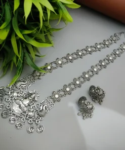 Glamaya Oxidized Long Chain Silver Plated Temple Necklace Earring Set 1 GLAM-CN-OX-15F7-926529-25-7