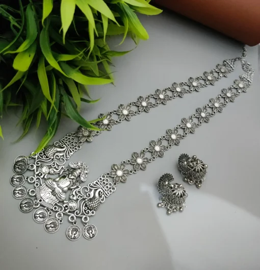 Glamaya Oxidized Long Chain Silver Plated Temple Necklace Earring Set 1 GLAM-CN-OX-15F7-926529-25-7