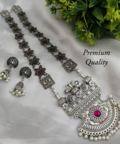 Glamaya Silver Lookalike German Silver Long Necklace Earring Set 1 GLAM-CN-OX-30-047966-49-5