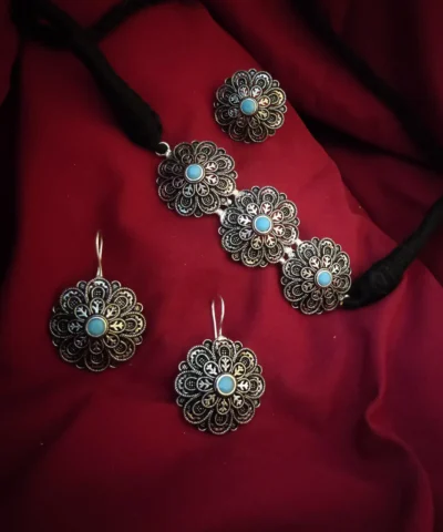 Glamaya Oxidized German Silver Choker Necklace Earring And Ring Combo Set 1 GLAM-CN-OX-25-476501-41-4
