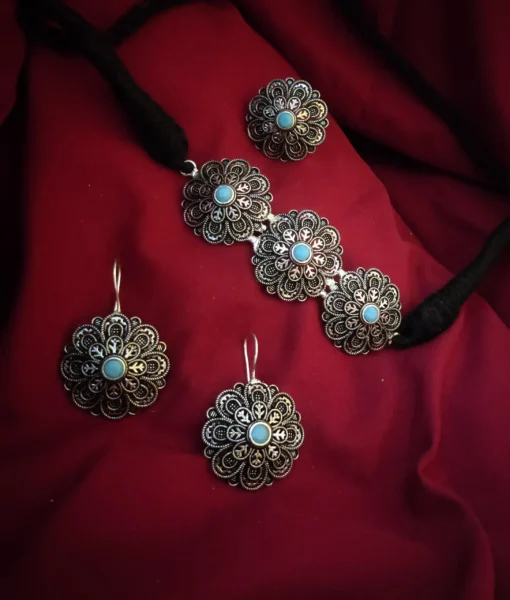 Glamaya Oxidized German Silver Choker Necklace Earring And Ring Combo Set 1 GLAM-CN-OX-25-476501-41-4