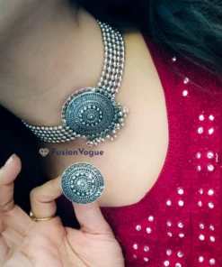 Glamaya Oxidised Silver Plated Choker Necklace Earring Set 2 GLAM-CN-OX-25-463568-41-4