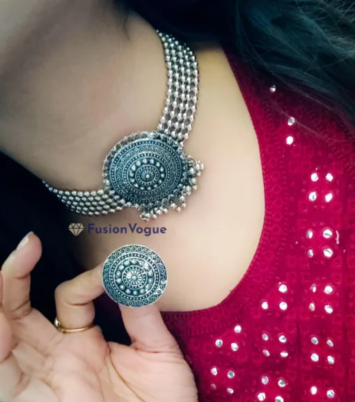 Glamaya Oxidised Silver Plated Choker Necklace Earring Set 2 GLAM-CN-OX-25-463568-41-4 Glamaya Oxidised Silver Plated Choker Necklace Earring Set 2 GLAM-CN-OX-25-463568-41-4