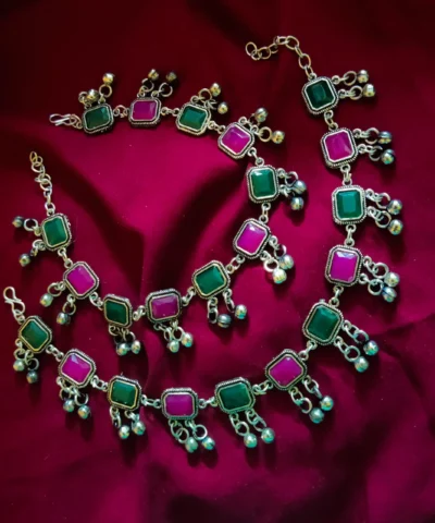 Glamaya Oxidized Pink Green Stone Premium Antique Anklet 1 GLAM-AN-ST-30-447487-49-5