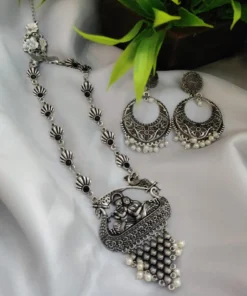 Glamaya Oxidized Long Radha Krishna Stone Temple Necklace Earring Set 2 GLAM-CN-ST-22-052211-35-5