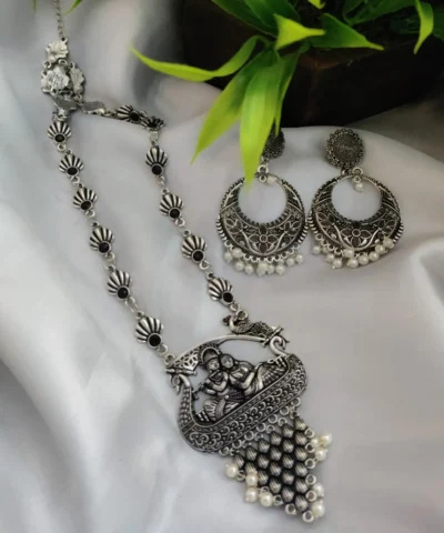 Glamaya Oxidized Long Radha Krishna Stone Temple Necklace Earring Set 2 GLAM-CN-ST-22-052211-35-5