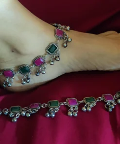 Glamaya Oxidized Pink Green Stone Premium Antique Anklet 5 GLAM-AN-ST-30-447487-49-5 Glamaya Oxidized Pink Green Stone Premium Antique Anklet 5 GLAM-AN-ST-30-447487-49-5