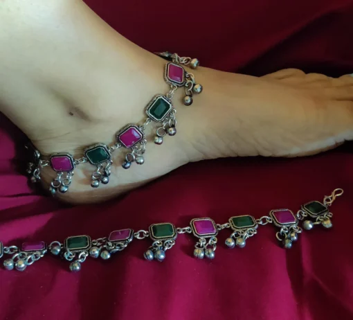 Glamaya Oxidized Pink Green Stone Premium Antique Anklet 5 GLAM-AN-ST-30-447487-49-5 Glamaya Oxidized Pink Green Stone Premium Antique Anklet 5 GLAM-AN-ST-30-447487-49-5