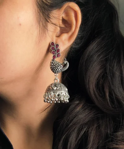 Glamaya Oxidized Peacock Jhumka Earring Red 2 GLAM-ER-OX-7F8-675976-15-9