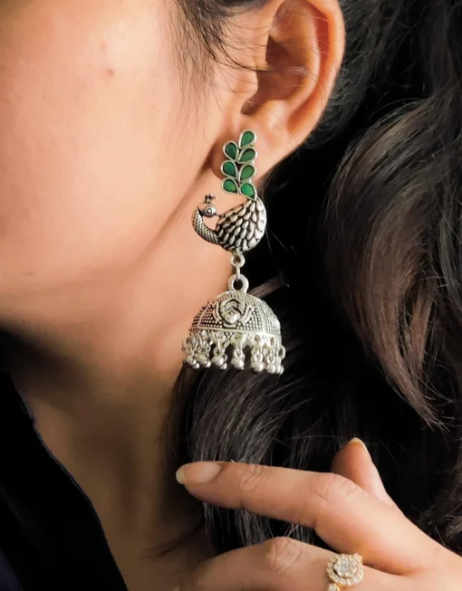Glamaya Oxidized Peacock Jhumka Earring Green 2 GLAM-ER-OX-7F8-778399-15-9 Glamaya Oxidized Peacock Jhumka Earring Green 2 GLAM-ER-OX-7F8-778399-15-9
