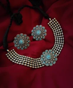 Glamaya Silver Lookalike Brass Oxidized Statement Choker Necklace Earring Set Sky 1 GLAM-CN-BR-22-346997-30-10