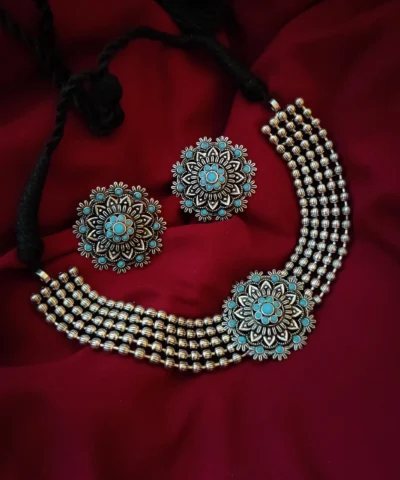 Glamaya Silver Lookalike Brass Oxidized Statement Choker Necklace Earring Set Sky 1 GLAM-CN-BR-22-346997-30-10