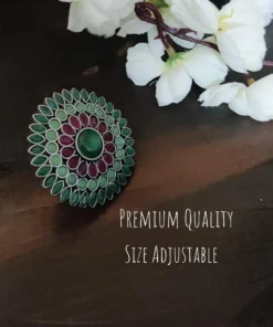 Glamaya Oxidized Jumbo Size Adjustable Ring Green Pink 1 GLAM-RI-OX-30-646750-50-3