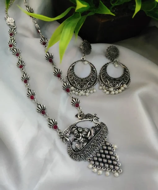Glamaya Oxidized Long Radha Krishna Stone Temple Necklace Earring Set 3 GLAM-CN-ST-22-052211-35-5 Glamaya Oxidized Long Radha Krishna Stone Temple Necklace Earring Set 3 GLAM-CN-ST-22-052211-35-5