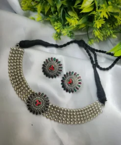 Glamaya Oxidised Red Green Combination Choker Necklace Earring Set 1 GLAM-CN-OX-25-357356-41-4