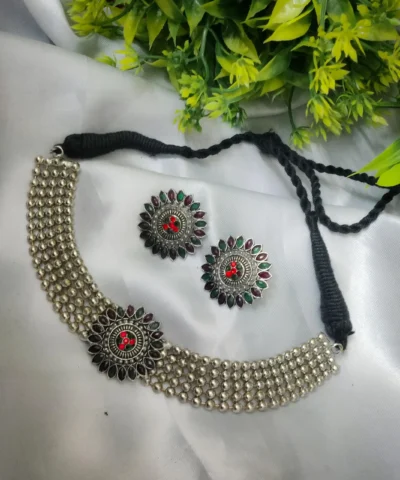 Glamaya Oxidised Red Green Combination Choker Necklace Earring Set 1 GLAM-CN-OX-25-357356-41-4