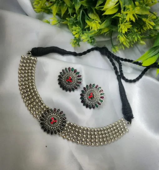 Glamaya Oxidised Red Green Combination Choker Necklace Earring Set 1 GLAM-CN-OX-25-357356-41-4