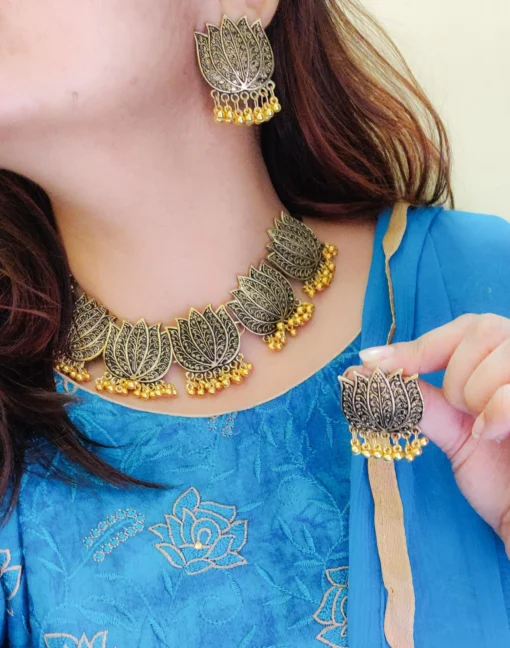 Glamaya Exquisite Oxidized Lotus Gold Plated Jewelry Set 2 GLAM-CN-GP-60-854025-89-2 Glamaya Exquisite Oxidized Lotus Gold Plated Jewelry Set 2 GLAM-CN-GP-60-854025-89-2