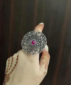 Glamaya Oxidized German Silver Jumbo Size Adjustable Finger Ring Pink 3 GLAM-RI-OX-8F3-098305-15-6