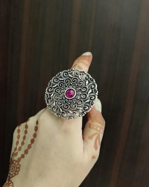 Glamaya Oxidized German Silver Jumbo Size Adjustable Finger Ring Pink 3 GLAM-RI-OX-8F3-098305-15-6 Glamaya Oxidized German Silver Jumbo Size Adjustable Finger Ring Pink 3 GLAM-RI-OX-8F3-098305-15-6