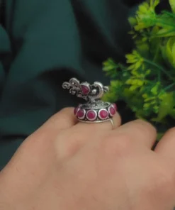 Glamaya Ethnic Pink Peacock Oxidised Adjustable Ring - Unique Women's Fashion Accessory 2 GLAM-RI-OX-7F5-685673-16-4