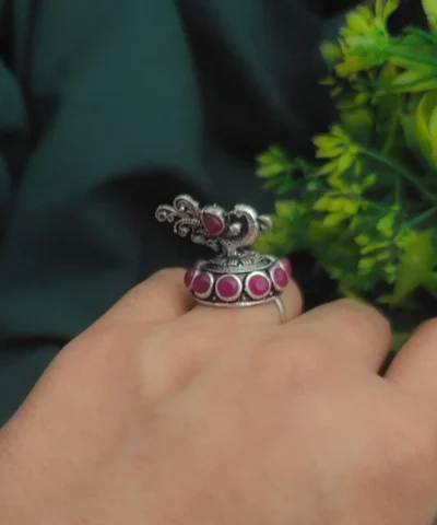 Glamaya Ethnic Pink Peacock Oxidised Adjustable Ring - Unique Women's Fashion Accessory 2 GLAM-RI-OX-7F5-685673-16-4
