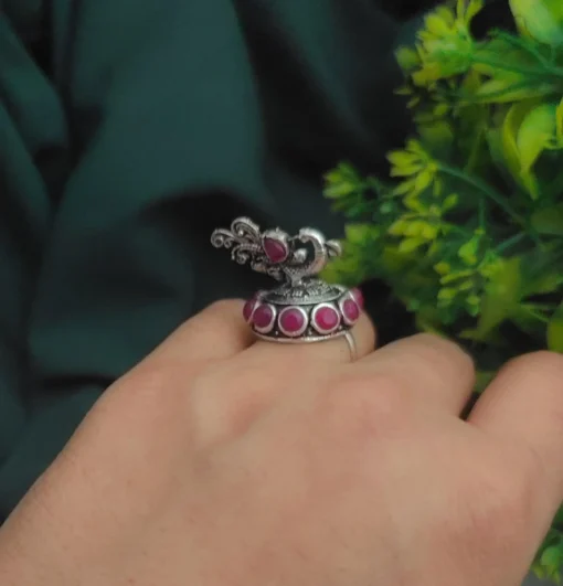Glamaya Ethnic Pink Peacock Oxidised Adjustable Ring – Unique Women’s Fashion Accessory 2 GLAM-RI-OX-7F5-685673-16-4 Glamaya Ethnic Pink Peacock Oxidised Adjustable Ring - Unique Women's Fashion Accessory 2 GLAM-RI-OX-7F5-685673-16-4