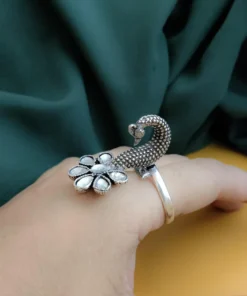 Glamaya White Peacock Flower Oxidised Ring: Indian Style For Women 2 GLAM-RI-OX-15-951735-25-6