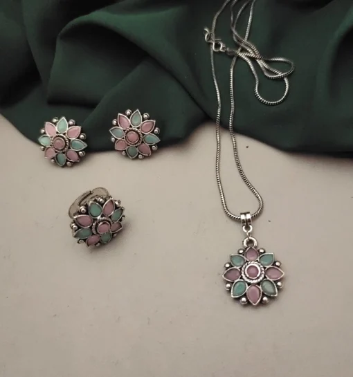 Glamaya Trendy Oxidised Jewelry Combo Set: Necklace, Earrings, Rings 1 GLAM-CN-OX-6F7-696374-15-9
