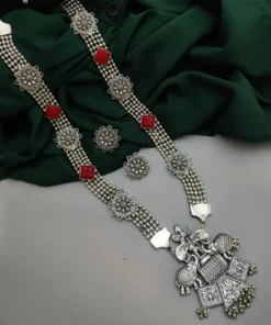 Glamaya Red Oxidised Silver Necklace Earring Set 1 GLAM-CN-OX-58-731390-110-5