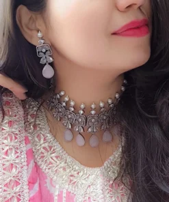Glamaya Pink Silver Lookalike Choker Set: Premium Necklace Earrings 1 GLAM-CN-OX-300-624803-525-2