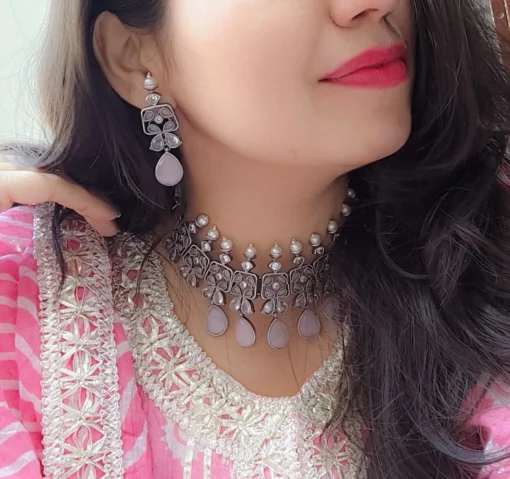 Glamaya Pink Silver Lookalike Choker Set: Premium Necklace Earrings 1 GLAM-CN-OX-300-624803-525-2