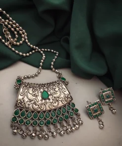 Glamaya Green Oxidised Long Chain Necklace & Earring Set 1 GLAM-CN-OX-30-307293-49-5