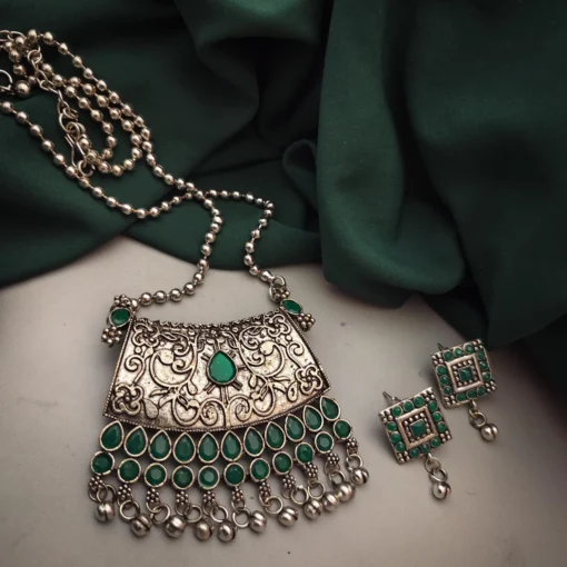 Glamaya Green Oxidised Long Chain Necklace & Earring Set 1 GLAM-CN-OX-30-307293-49-5